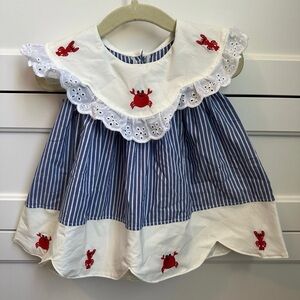 Blue and White Striped Dress with Red Crab Embroidery